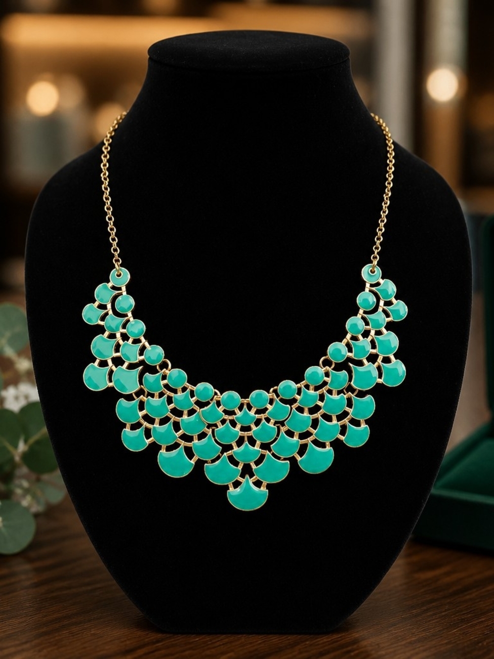 Gold-Trim Turquoise Bib Necklace - Women Jewelry